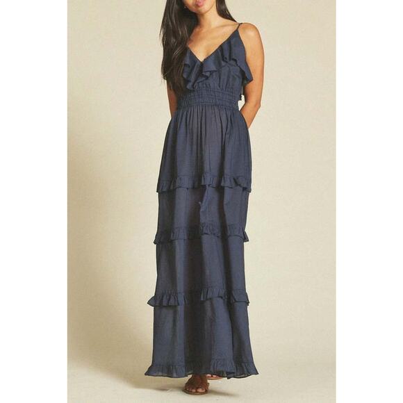 Trovata Birds of Paradis Lisboa Dress Navy Blue V Neck Maxi Sleeveless XS NWT - Picture 2 of 10
